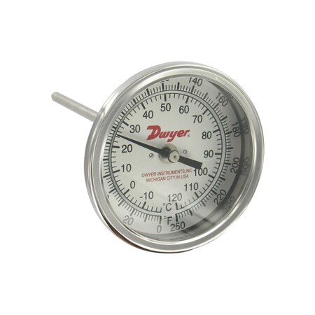Dwyer Instruments Bimetal thermometer, 3" dial, 2-1/2" stem length, range 0/250 Degrees F (-20/120 Degrees C), 2 Degrees F (2 Degrees C) div. BTB3255D